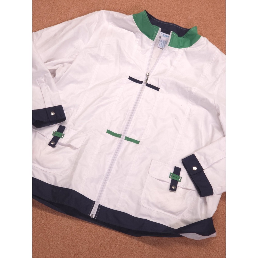 Nautical Colorblock Windbreaker Jacket Full Zip Womens Sz 2X White Navy Green